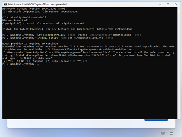 PowerShell venster geopend bovenop OOBE