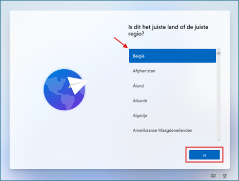 Windows 11 OOBE - selectie van land/regio (België)