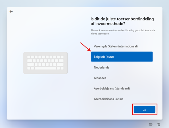 Windows 11 OOBE - toetsenbordindeling Belgisch